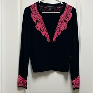 INC InCo Sz Large Black Pink Cardigan Embroidered Cartouche Sweater Hook Eye Y2K